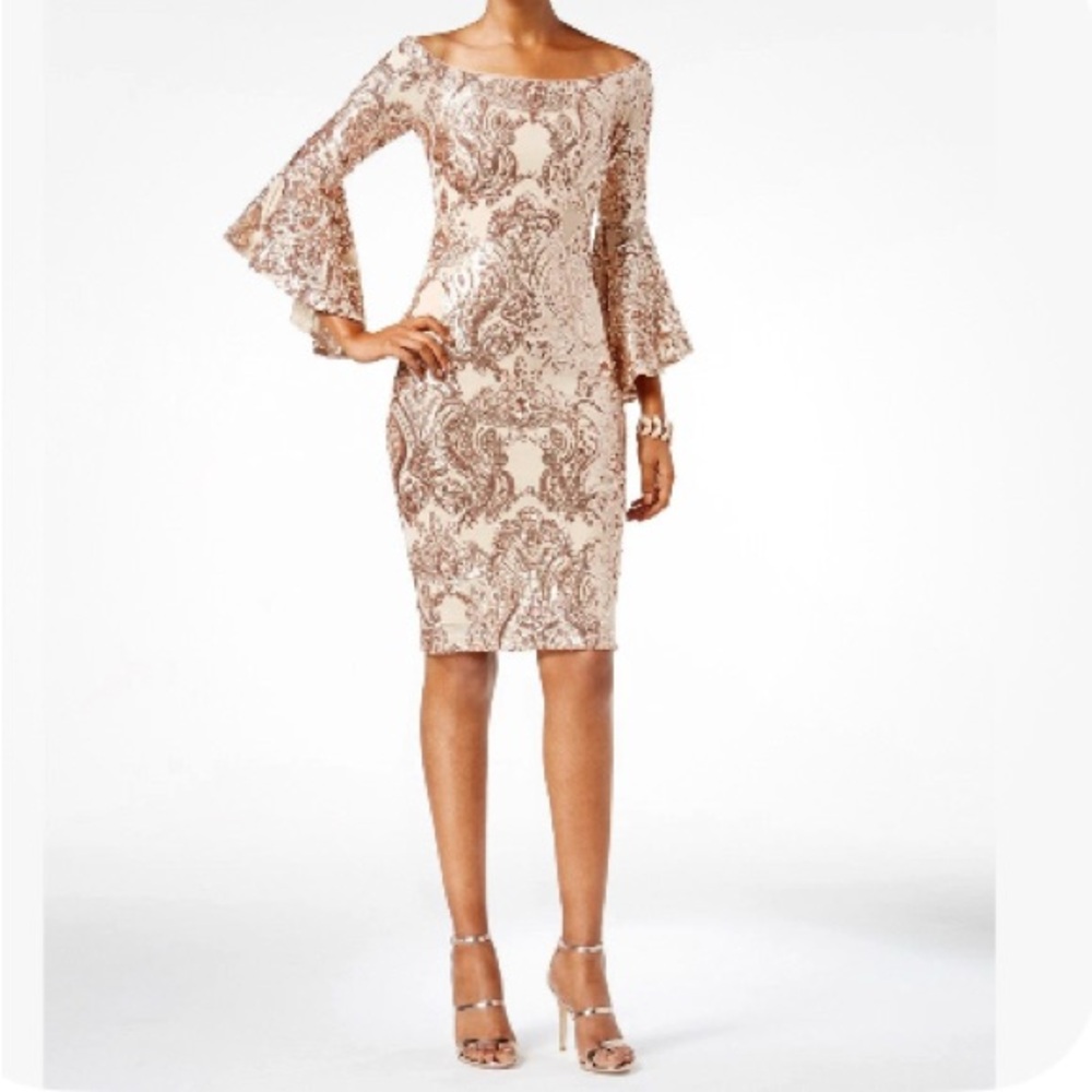 Betsy & Adam Rose Gold Off-Shoulder Dress